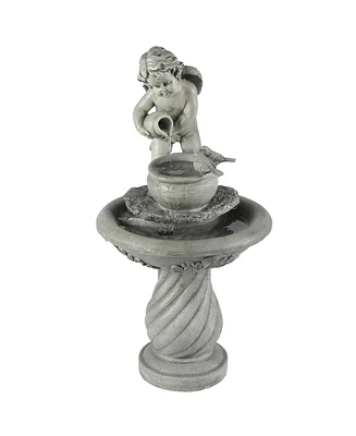 LuxenHome Gray Resin Cherub Birdbath Outdoor Patio Fountain