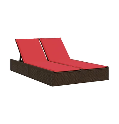 Double Sun Lounger with Cushions Brown Poly Rattan