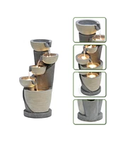 LuxenHome Gray Cascading Bowls and Column Resin Outdoor Fountain with Led Lights
