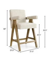 Upholstered Counter Height Bar Stool with Arms, 25.5" Solid Wood Chair for Kitchen Island or Home Bar-Maison Boucle