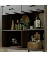 Kitchen island with 2 drawers, iron feet, island storage table with dining table, coffee station and microwave rack for home, dining room, marble and