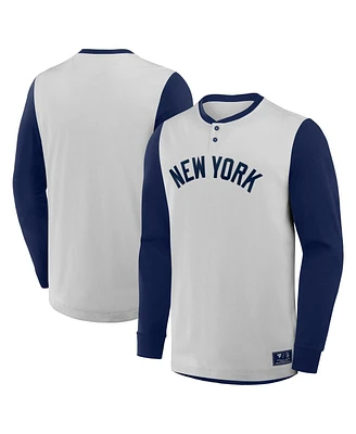 Fanatics Men's Gray/Navy New York Yankees Clubhouse Long Sleeve Henley Shirt