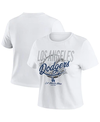 Wear by Erin Andrews Women's White Los Angeles Dodgers Distressed Cropped Baby T-Shirt