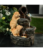 LuxenHome Puppy Rock Tower Farmhouse Resin Outdoor Fountain with Lights