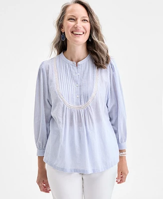 Style & Co Women's Cotton Stripe Lace-Bib 3/4-Sleeve Top, Exclusively at Macy's