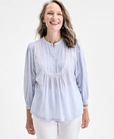 Style & Co Women's Cotton Stripe Lace-Bib 3/4-Sleeve Top, Exclusively at Macy's