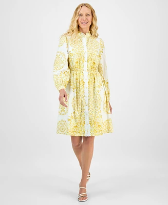 julia jordan Women's Printed Long-Sleeve Cotton Shirtdress