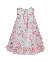 Blueberi Boulevard Baby Girls Ruffle Trim Floral Tent Dress Straw Hat Set