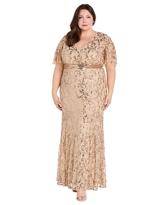 R & M Richards Plus Sequin Embellished Flutter-Sleeve Gown