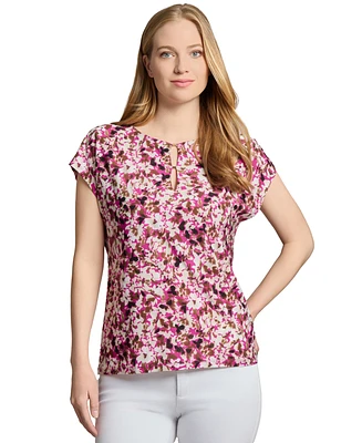 Jones New York Women's Printed Keyhole Extended-Shoulder Top