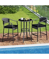 3-Piece Patio Rattan Bar Set Wicker Bar Height Armchairs & Round Table