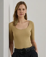 Lauren Ralph Women's Rib-Knit Cotton-Blend Elbow-Sleeve Tee