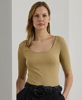 Lauren Ralph Women's Rib-Knit Cotton-Blend Elbow-Sleeve Tee