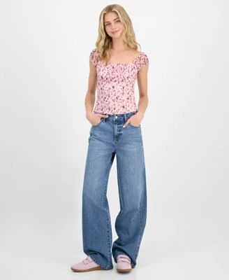 Madden Girl Juniors Printed Lace Cap Sleeve Top Celebrity Pink Baggy Wide Leg Curvy Jeans