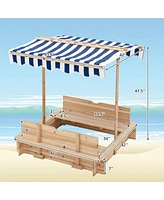 Gymax Kids Wooden Sandbox with Canopy & Foldable Bench Seats