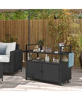 Outdoor Bar Cart Wicker Buffet Serving Cart with Cabinet and 8 Hooks
