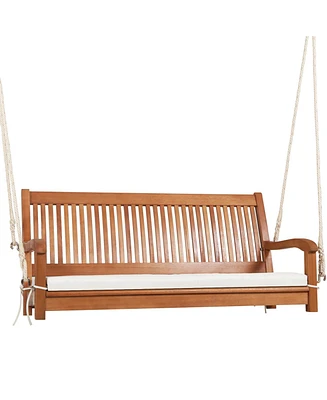 2-Person Hanging Porch Swing Wood Bench with Cushion Curved Back