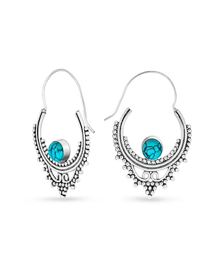 Bling Jewelry Western Style Boho Hoop Earrings Reconstituted Turquoise Silver Plated