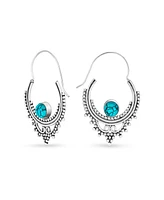 Bling Jewelry Western Style Boho Hoop Earrings Reconstituted Turquoise Silver Plated
