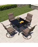 5-Piece Metal Outdoor Patio Dining Set with Square Table with 1.65 in. Umbrella Hole and Swivel Chairs