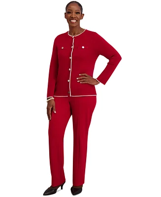 Kasper Round-Neck Long-Sleeve Button Front Cardigan, Regular & Plus