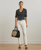 Lauren Ralph Women's Striped Cotton Elbow-Sleeve V-Neck Tee