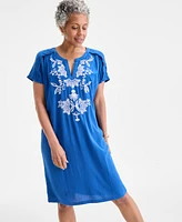 Style & Co Women's Embroidered Split-Neck Dress, Exclusively at Macy's