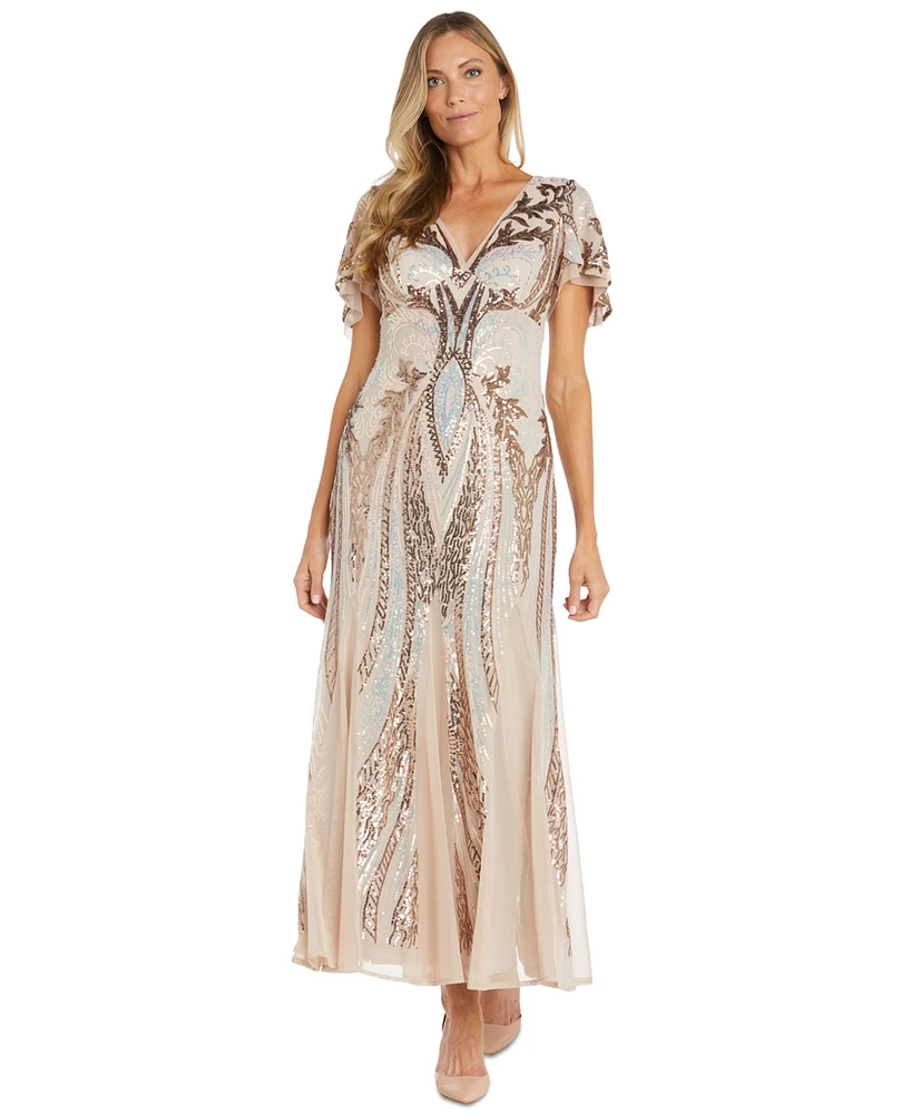 R & M Richards Petite Sequin Embellished Flutter-Sleeve Gown