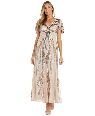 R & M Richards Petite Sequin Embellished Flutter-Sleeve Gown