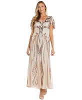 R & M Richards Petite Sequin Embellished Flutter-Sleeve Gown