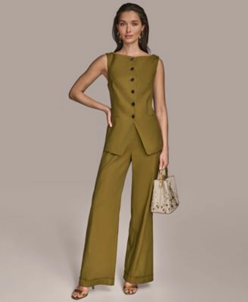 Donna Karan New York Womens Button Front Sleeveless Vest Wide Leg Belted Pants Regular Petite