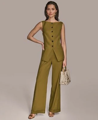 Donna Karan New York Womens Button Front Sleeveless Vest Wide Leg Belted Pants Regular Petite