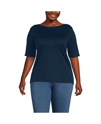 Lands' End Plus Supima Cotton Elbow Sleeve Boatneck Button Shoulder Tee