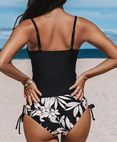Cupshe Women's Escaping Ruched Tankini Top & Floral High-Waisted Bottoms Set