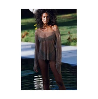 Flirtt Gottex Women's Rhinestone Lattice Long Sleeve Cover Up