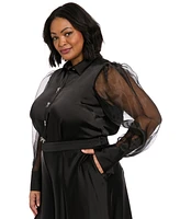 Muse Plus Bow-Trim Bishop-Sleeve Blouse