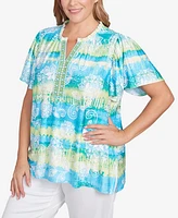 Ruby Rd. Plus Batik Embroidered Tie Dye Puff Print Top