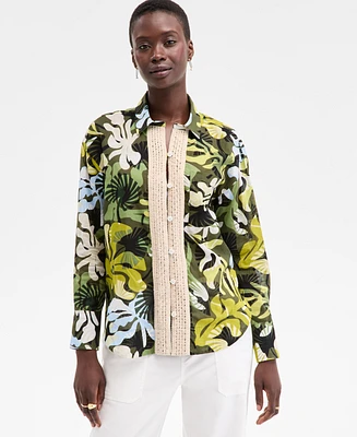 On 34th Women's Leaf-Print Crochet-Trim Shirt, Exclusively at Macy's