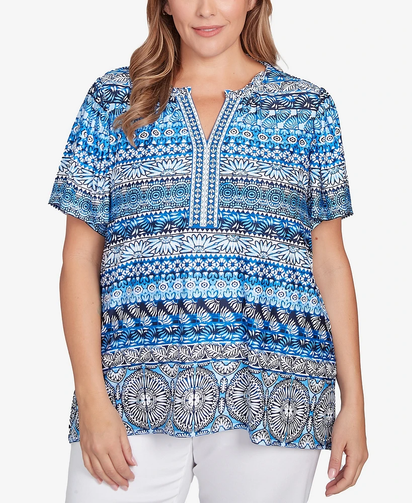 Ruby Rd. Plus Motif Stripe Embroidered Puff Print Top