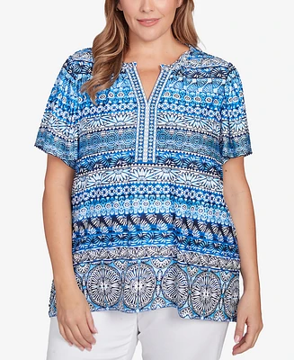 Ruby Rd. Plus Motif Stripe Embroidered Puff Print Top