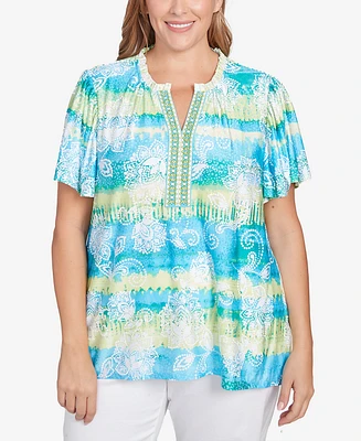 Ruby Rd. Plus Batik Embroidered Tie Dye Puff Print Top