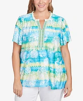Ruby Rd. Plus Batik Embroidered Tie Dye Puff Print Top