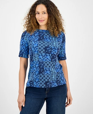 Style & Co Petite Elbow-Sleeve Patchwork Top, Exclusively at Macy's