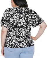 Belldini Plus Grommet Detail Floral Short Sleeve Knit Top