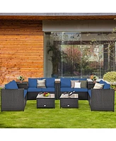 Gymax 8PCS Cushioned Rattan Patio Conversation Set w/ Side Table Navy Cushion