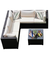 Gymax 6PCS Rattan Patio Sectional Sofa Conversation Set Outdoor w/ Beige Cushions
