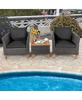 Gymax 3PCS Patio Furniture Set Conversation Bistro Set w/ Acacia Wood & Cushions Black