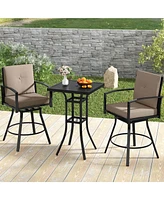 3 Pcs Patio Swivel Bar Set Table and Chairs Set with Soft Cushions & Umbrella Hole