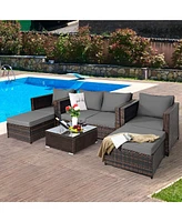 Gymax 5PCS Outdoor Patio Rattan Conversation Sofa Furniture Set w/ Cushions