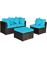 Gymax 4PCS Rattan Patio Conversation Furniture Set Yard Outdoor w/ Turquoise Cushion